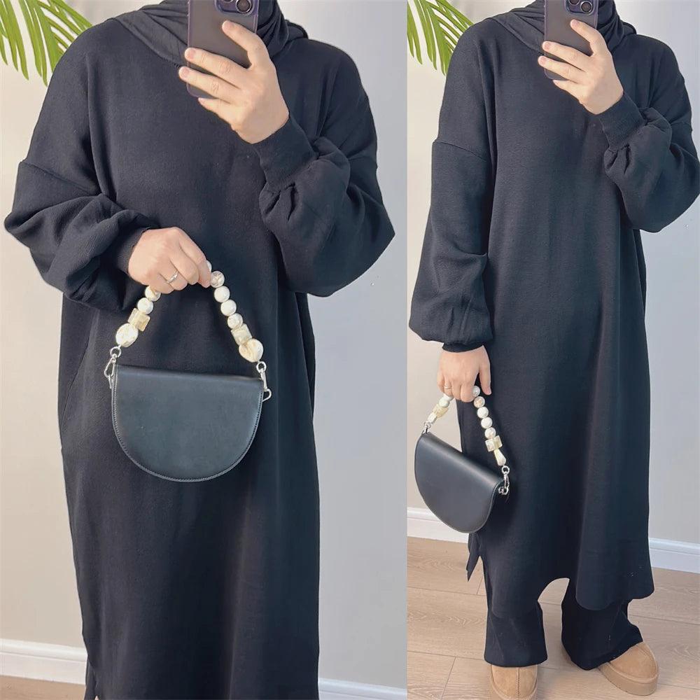 Autumn Casual Knitted 2 Piece Set Womens Outfits Matching Muslim Set Long Sleeve Dress Wide Leg Pants Suit Tracksuit Turkey Robe - Aurex