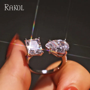 RAKOL Luxury Square Zircon Ring For Women Fashion Water Drop Finger Open Rings Wedding Party Charms Jewelry