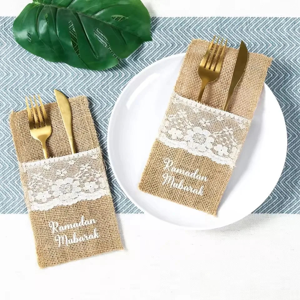 Ramadan Burlap Cutlery Pouch Eid Mubarak Decor for Home 2025 Table Decor Ramadan Kareem Islamic Muslim Party Eid Al-Fitr Gifts