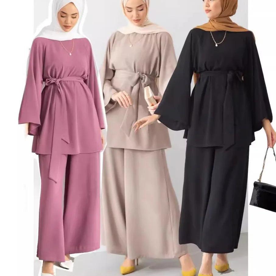 Eid Muslim Two Piece Set Islam Women Lace Up Shirt Wide Leg Pants Suits Ramadan Turkey Outfits Modest Morocco Abayas Ensembles - Aurex