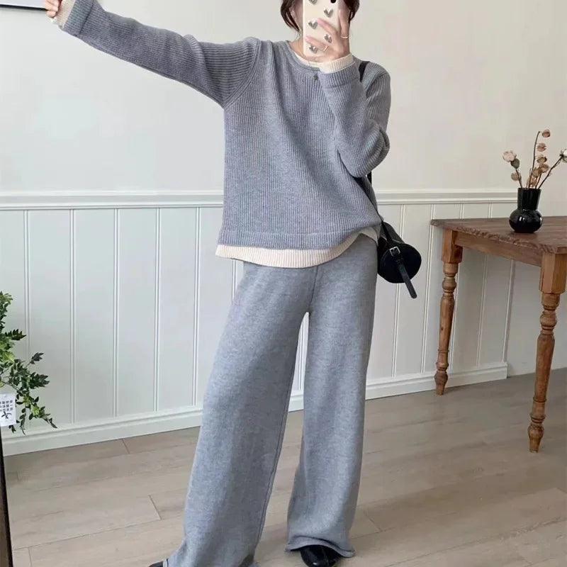 Knitted Two-Piece Pullover Sweater & Wide-Leg Pants Set – Modest Casual Knitwear Tracksuit - Aurex