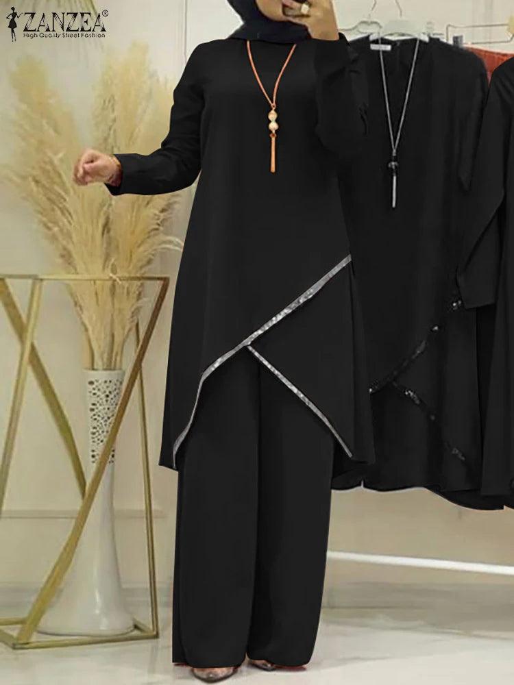 ZANZEA 2PCS Women Muslim Sets Fashion Sequins Islamic Clothing Loose Matching Sets Tracksuit Long Sleeve Blouse Abaya Suits - Aurex