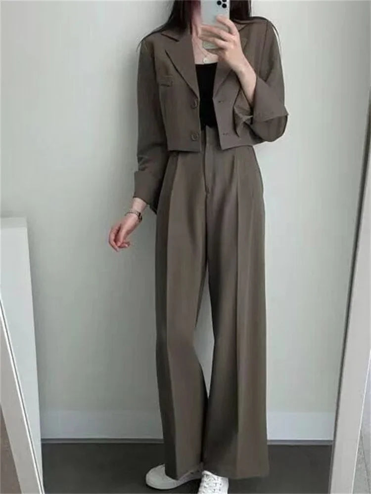 Spring Korean Casual Elegant Suits Blazer Jacket Wide Leg Trousers High Waist Pants Suits Female 2 Piece Sets Crop Top Coats - Aurex