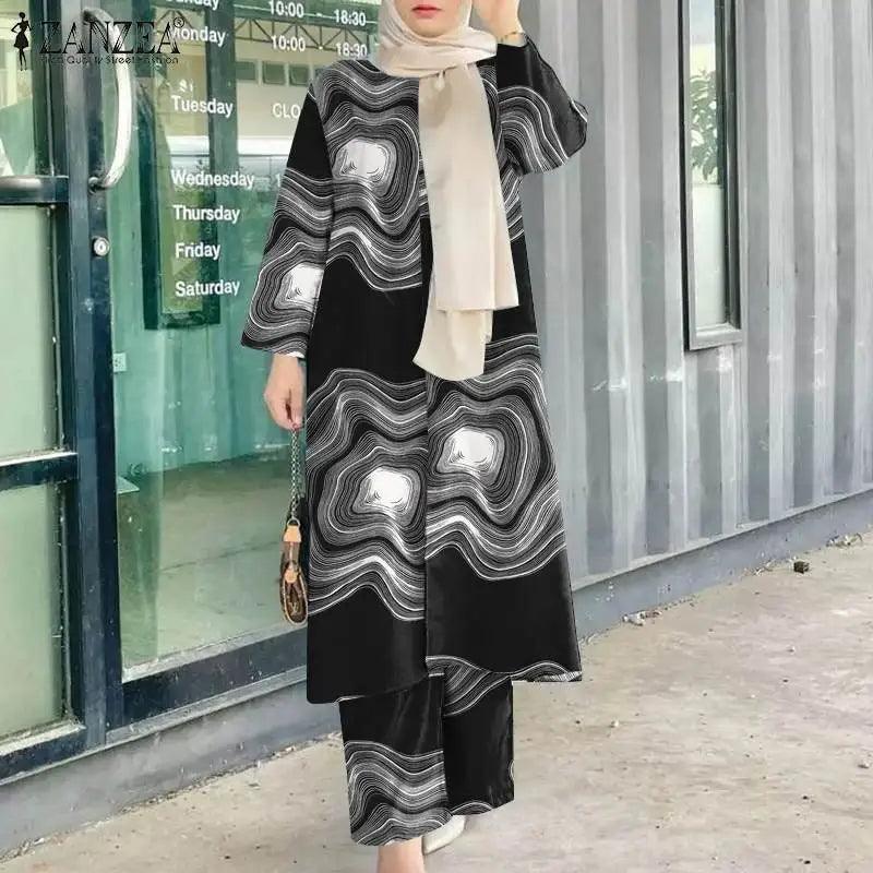 2025 Autumn Tracksuits Fashion Printed Muslim Sets Islamic Outfits ZANZEA Women Long Sleeve Blouse Causal Pants Sets Abaya Suit - Aurex