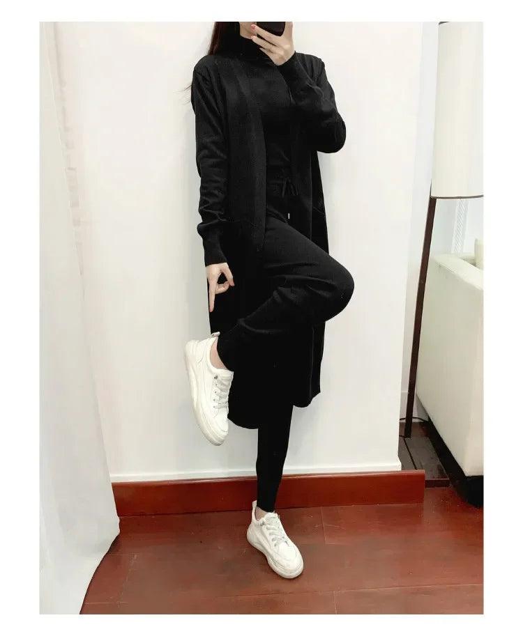 Winter Women Knitted 3 Pieces Set Casual Thicken Long Coat Dress Sweater Coat +top + Pant 3PCS Suits Warm Set Abaya 2024 - Aurex