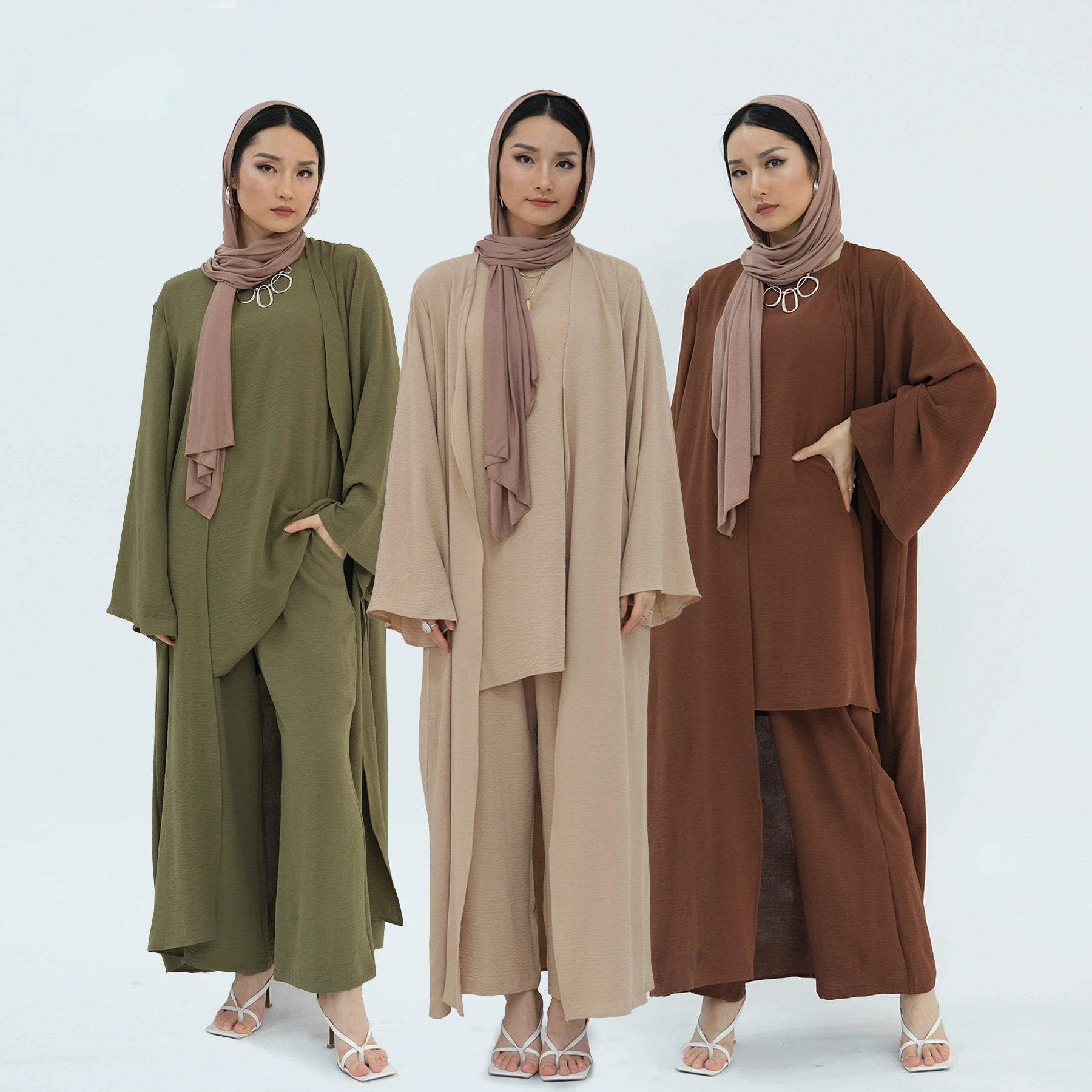 Muslim Women Clothing 3 Pieces Set Plain Open Abaya Top and Pants Suit Sets Modest Islamic Clothing Outfits Ensembles Musulmans